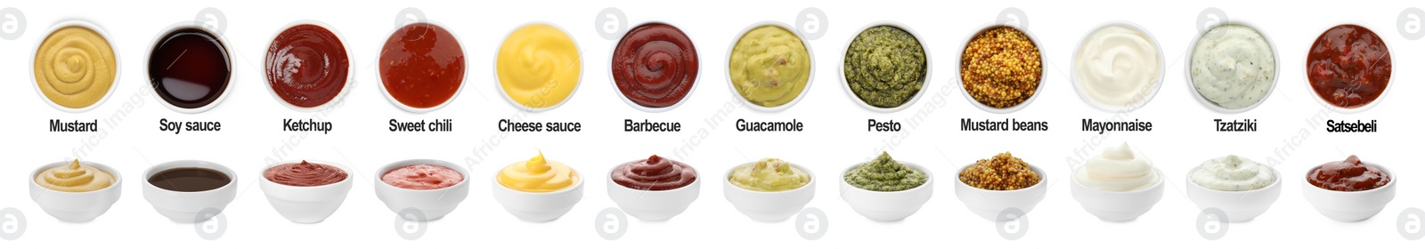 Image of Set of different sauces in bowls and names isolated on white, top and side views