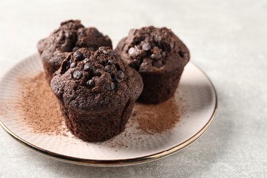 Photo of Delicious chocolate muffins and cacao powder on light grey table, closeup. Space for text