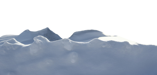 Image of Heap of snow on white background, closeup. Banner design
