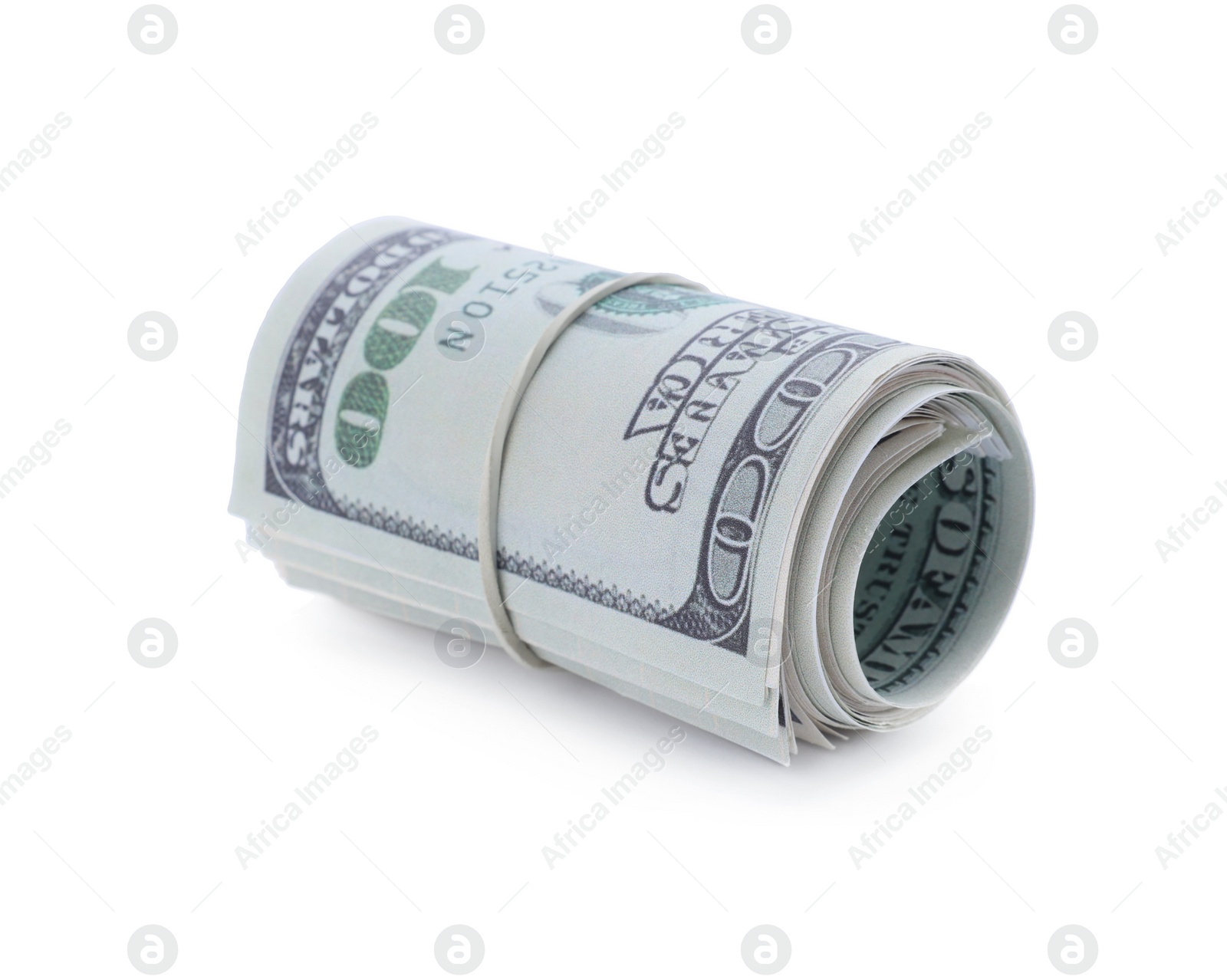 Photo of Rolled dollar banknotes isolated on white. American national currency