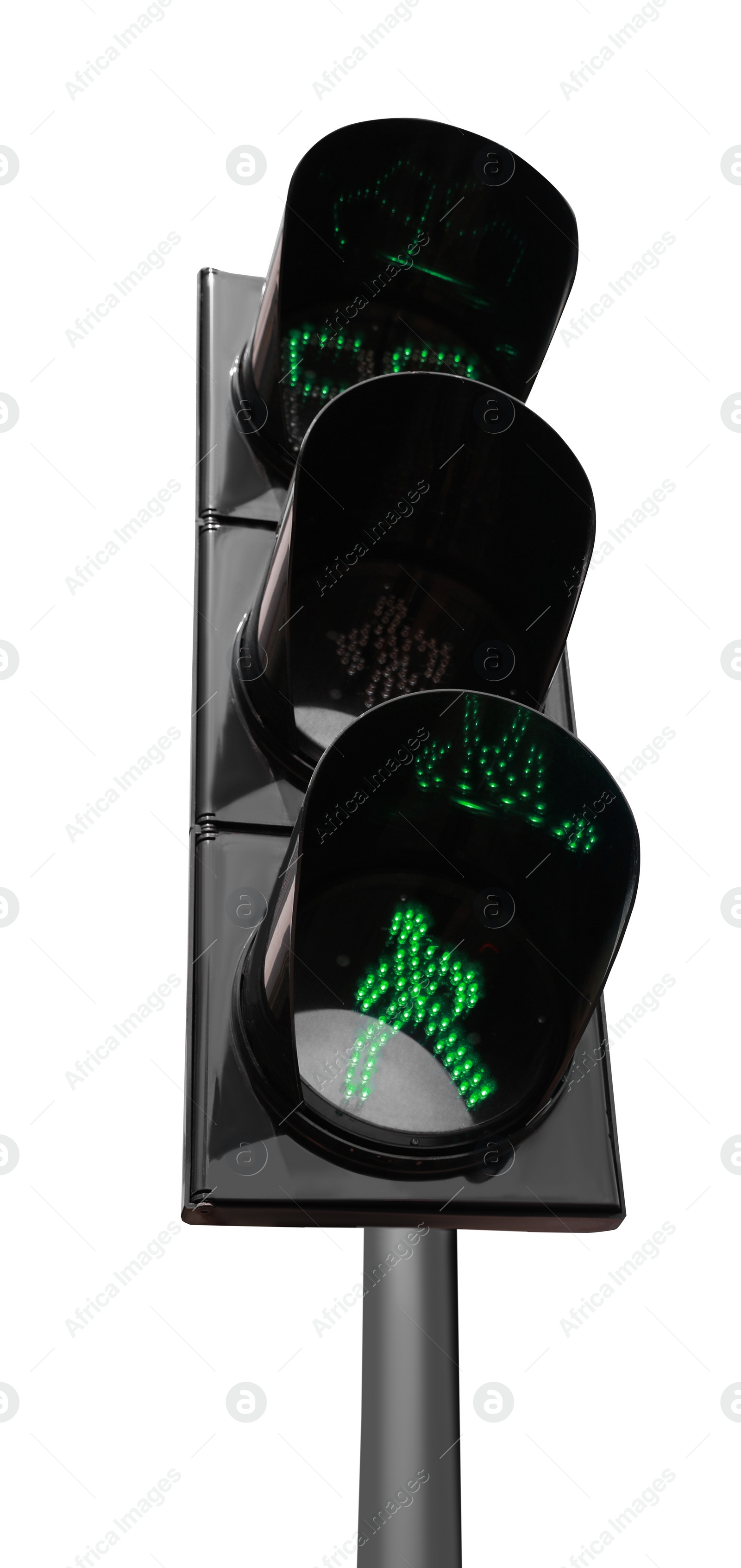 Image of Modern traffic light with timer and pedestrian signals isolated on white