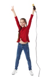 Photo of Cute girl with microphone on white background