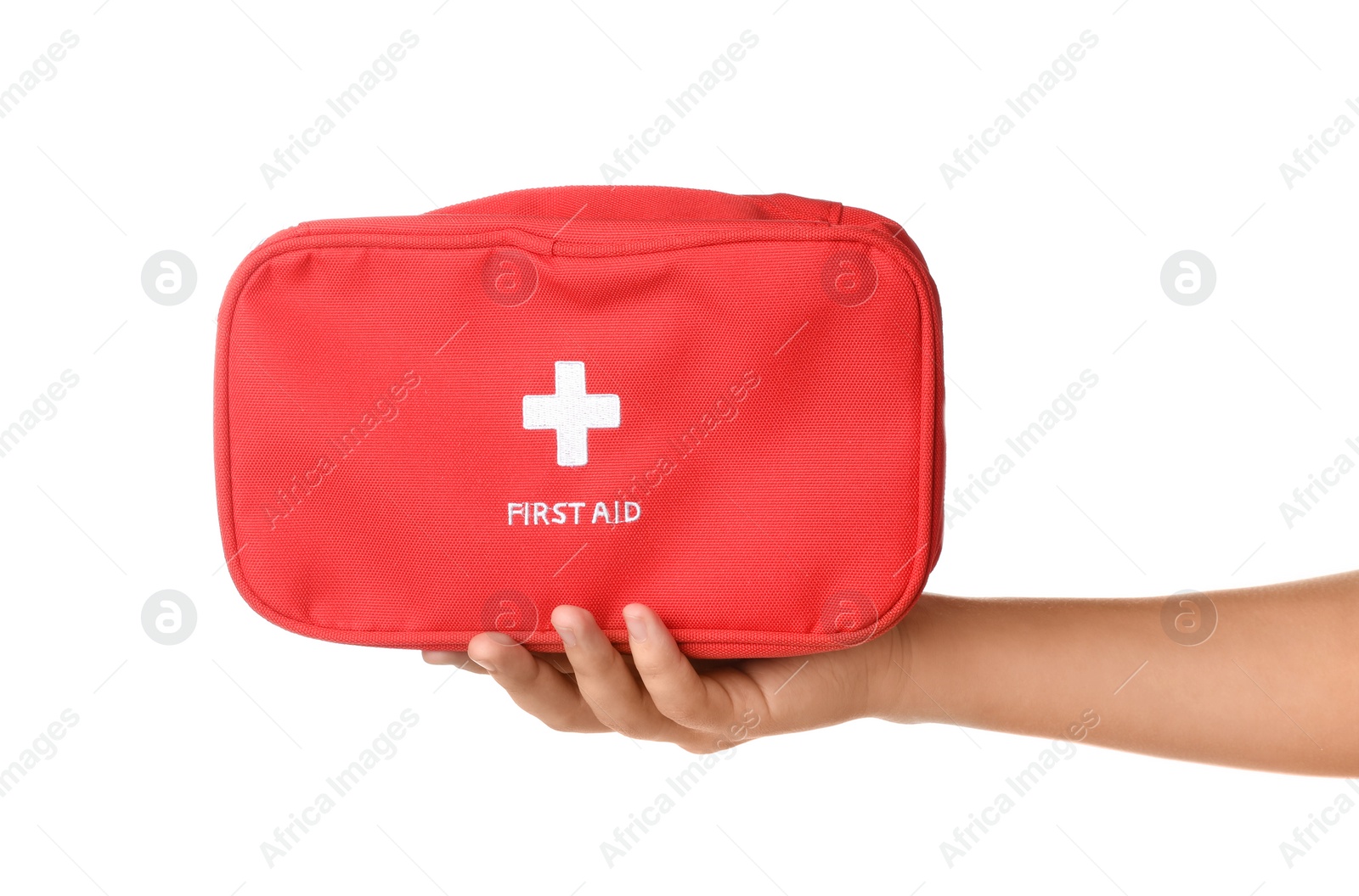 Photo of Woman holding first aid kit on white background