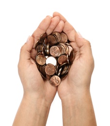 Young woman holding coins on white background, top view