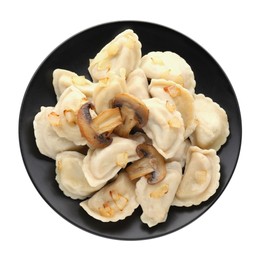 Delicious dumplings (varenyky) with potatoes, mushrooms and onion on white background, top view