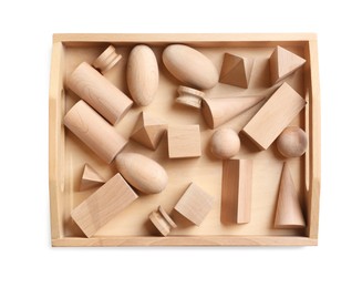 Photo of Set of wooden geometrical objects in box isolated on white. Montessori toy
