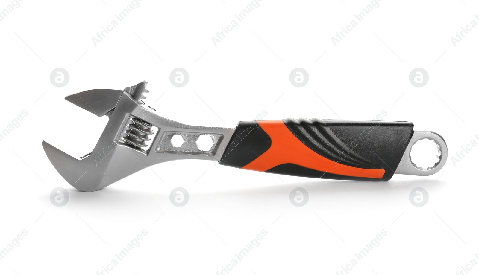 Photo of New adjustable wrench on white background. Plumber's tool