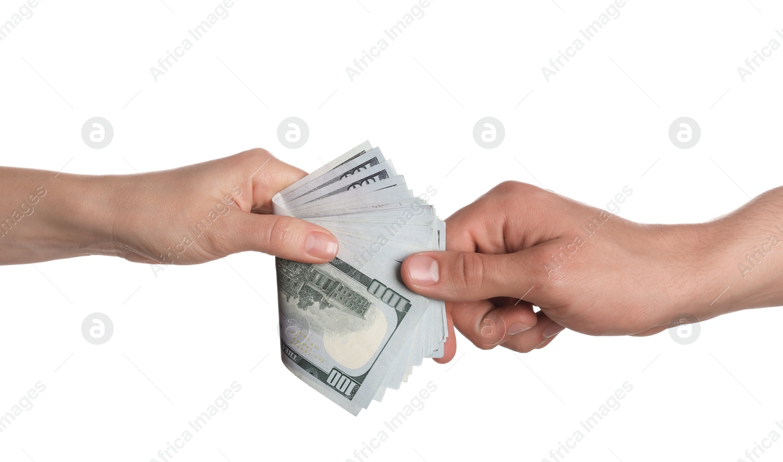 Photo of Money exchange. Man giving dollar banknotes to woman on white background, closeup