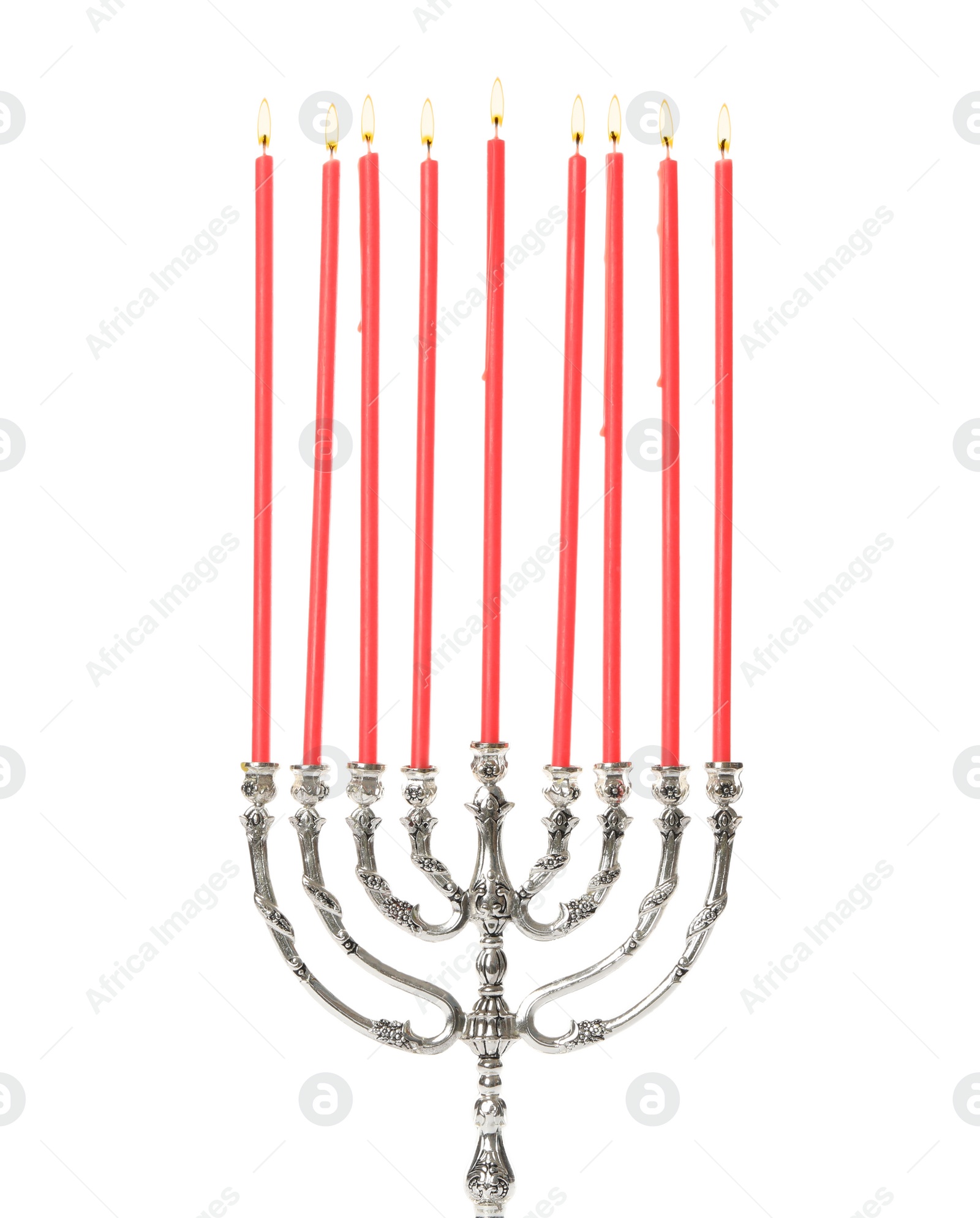 Photo of Silver menorah with burning candles on white background. Hanukkah celebration