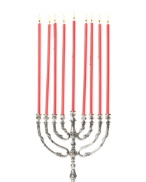 Silver menorah with burning candles on white background. Hanukkah celebration