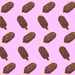 Image of Pattern with chocolate-glazed ice cream on light violet background