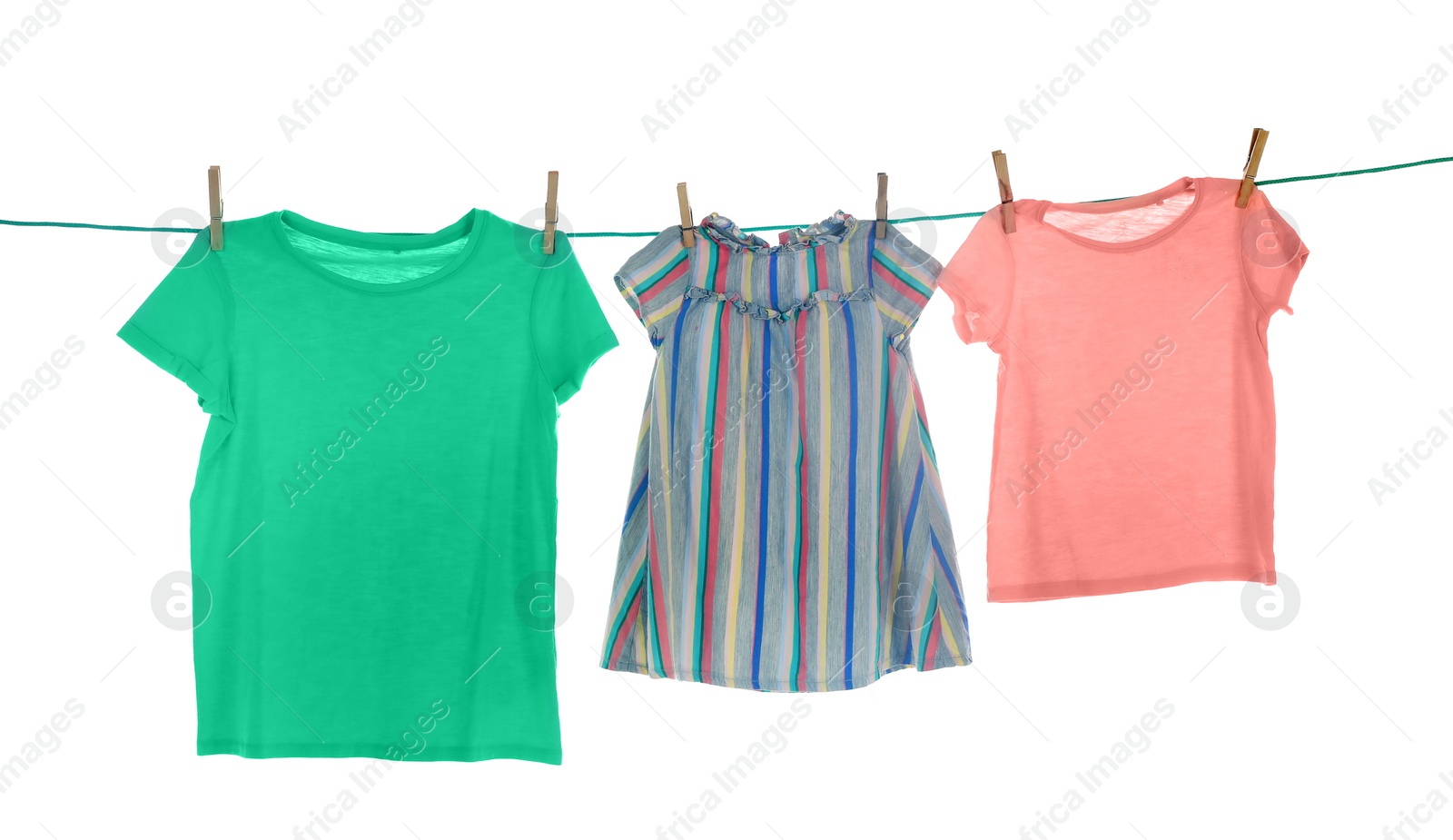 Photo of Clothes on laundry line against white background