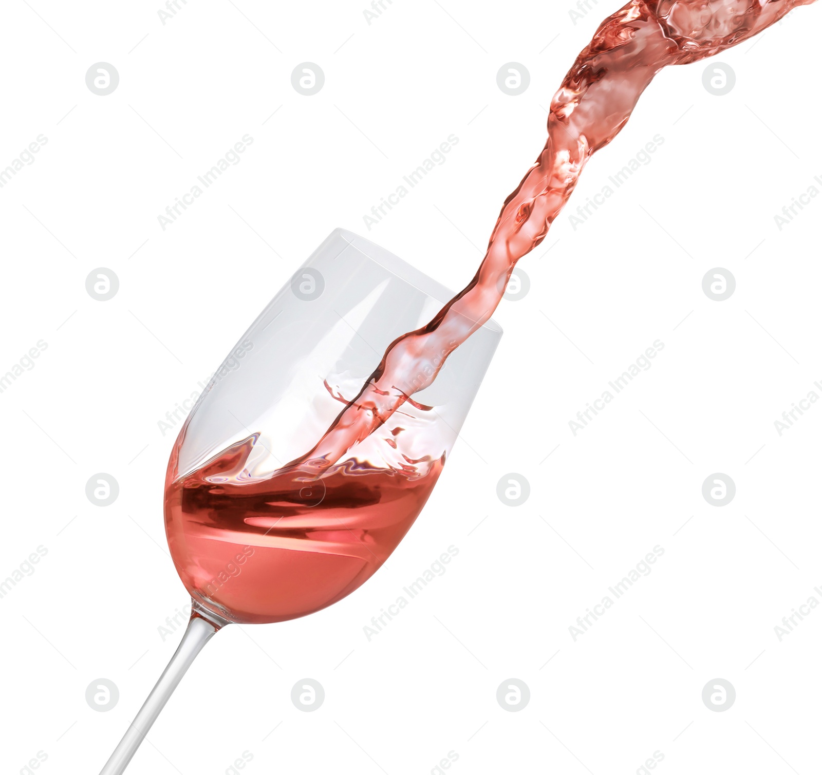 Image of Pouring delicious rose wine into glass on white background