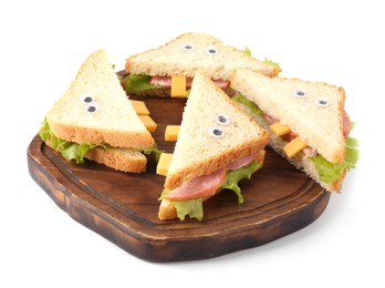 Photo of Board with tasty monster sandwiches isolated on white. Halloween food