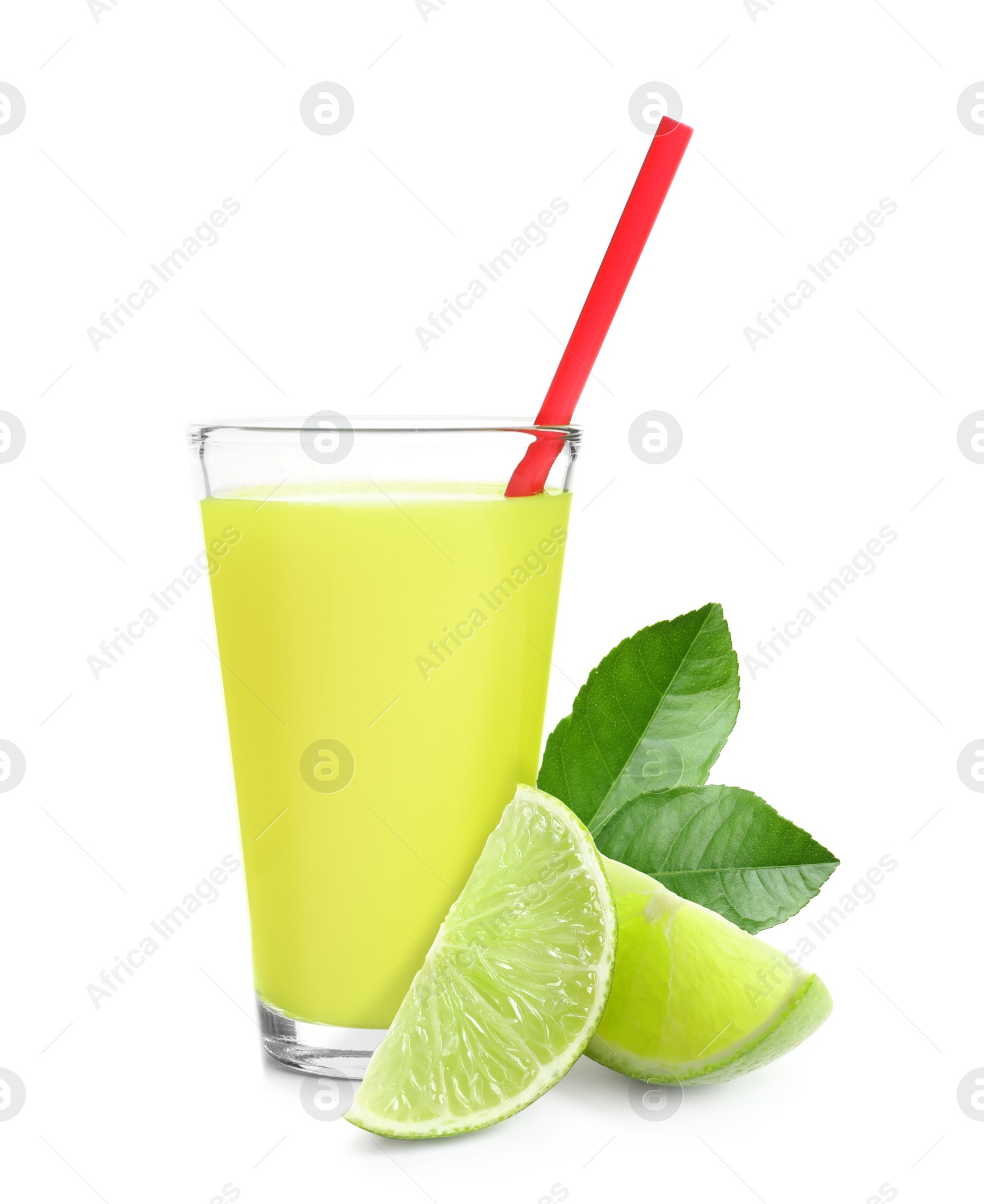 Image of Glass of lime juice, fresh fruit and green leaves on white background