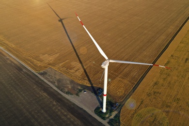 Image of Aerial view on modern wind turbine. Alternative energy source