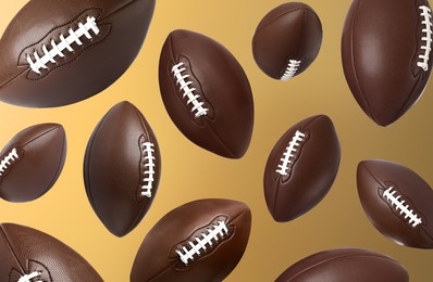 Image of Leather American football balls falling on gold gradient background