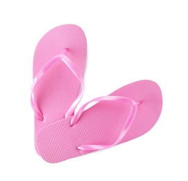 Photo of Bright flip flops on white background. Beach object