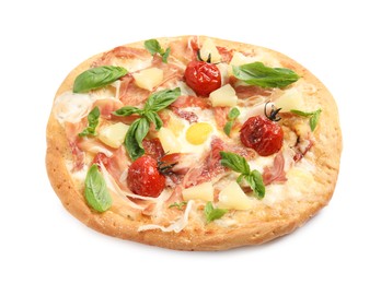 Photo of Pita pizza with prosciutto, pineapple, grilled tomatoes and egg isolated on white