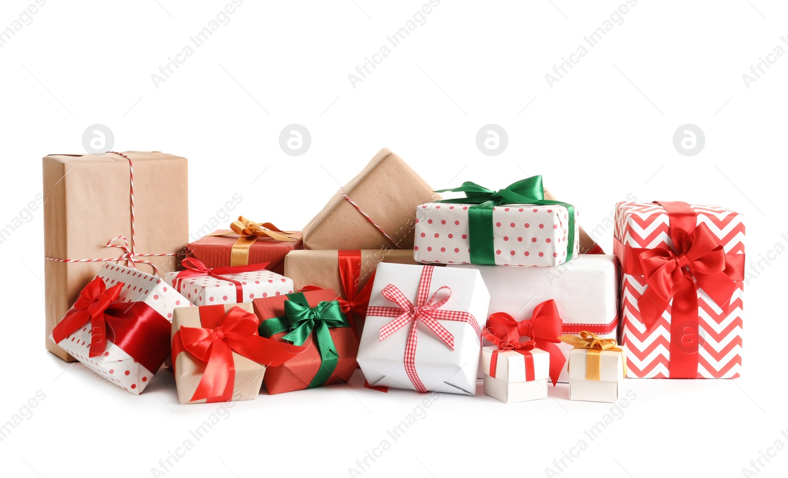 Photo of Beautifully wrapped gift boxes on white background