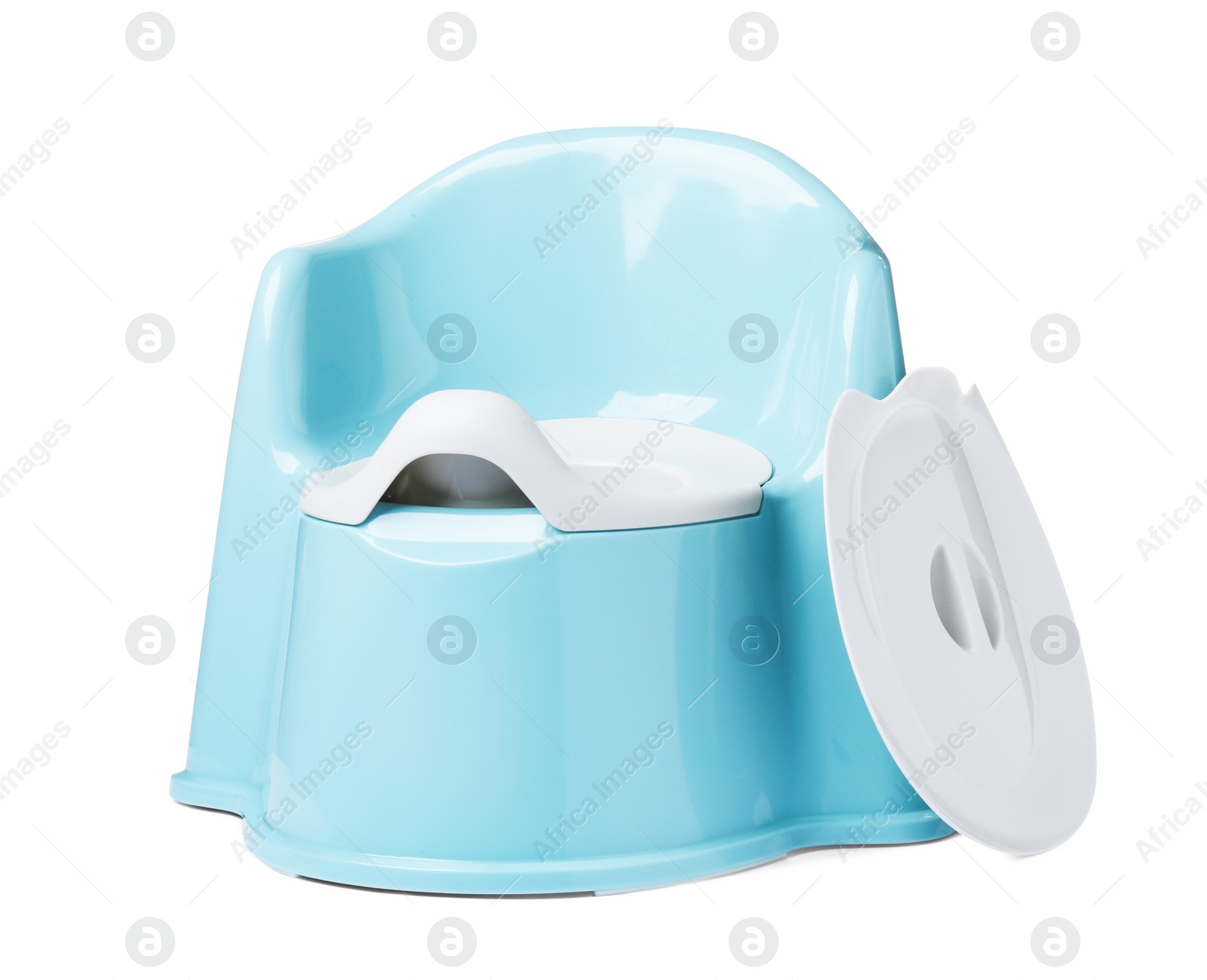 Photo of Light blue baby potty isolated on white. Toilet training