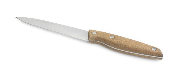 Photo of One sharp knife with wooden handle isolated on white