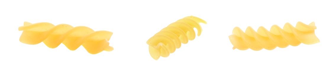 Raw fusilli pasta isolated on white, set