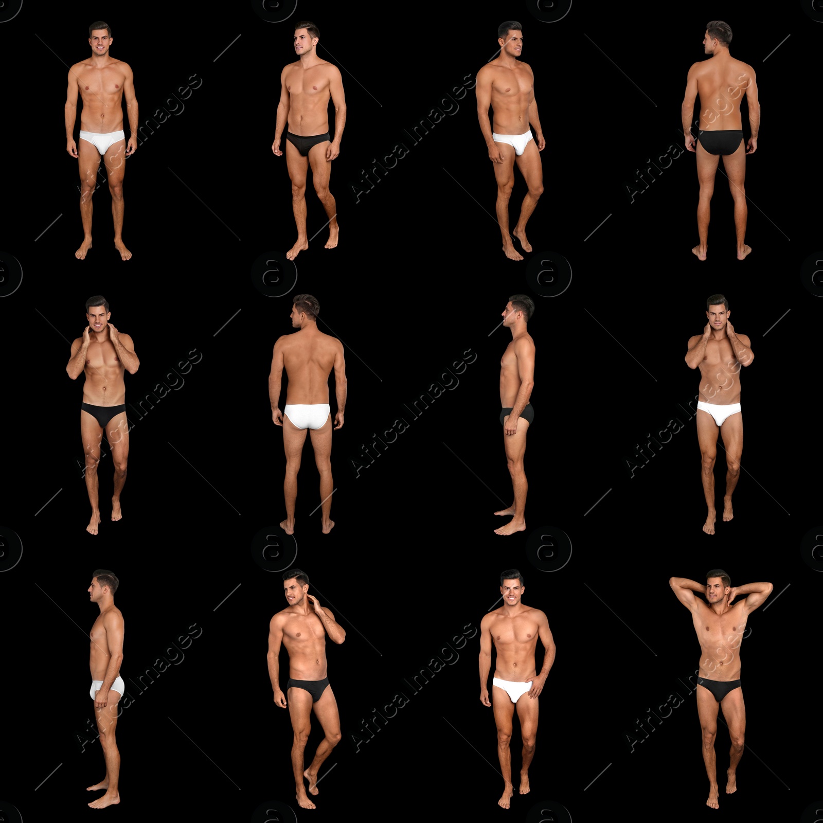 Image of Collage of man in underwear on black background