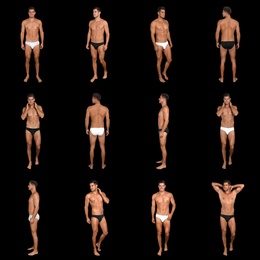 Image of Collage of man in underwear on black background