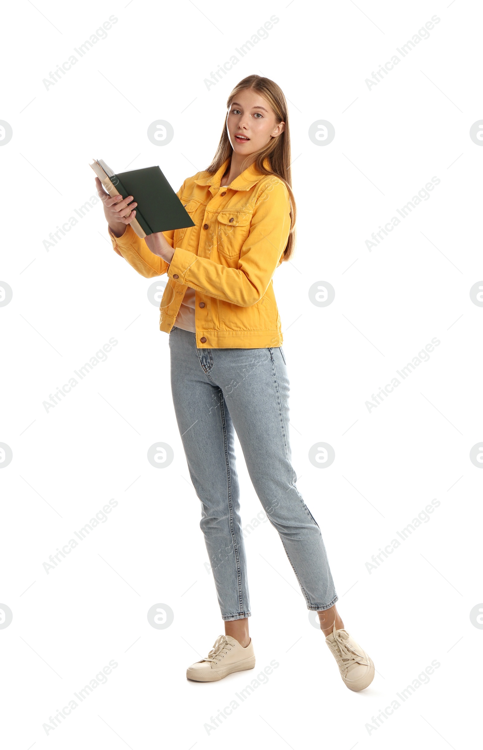 Photo of Teenage student holding books on white background