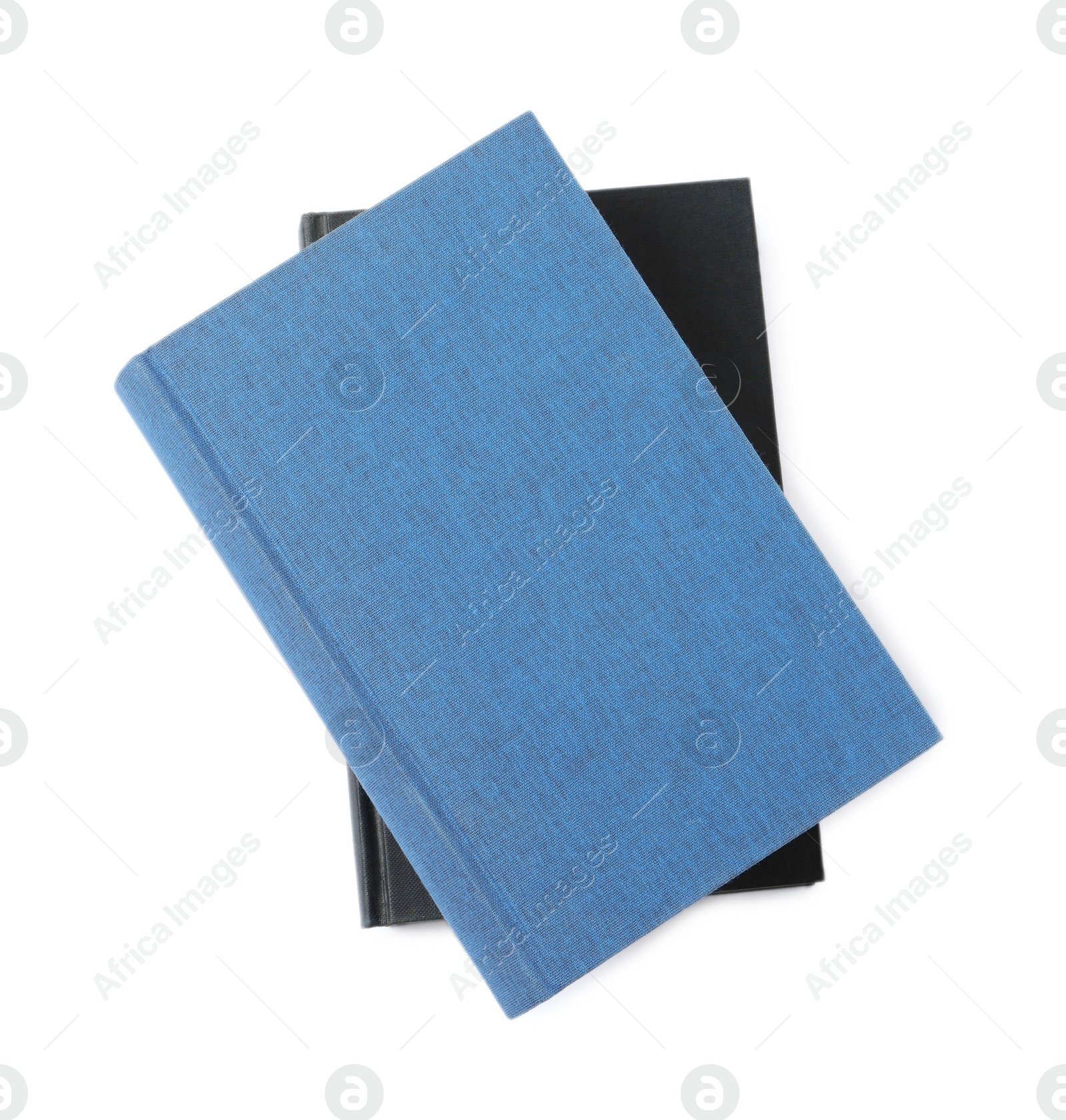 Photo of Stack of hardcover books isolated on white, top view