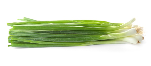 Photo of Bunch of fresh ripe green onions on white background