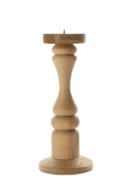 Photo of One stylish wooden candlestick isolated on white