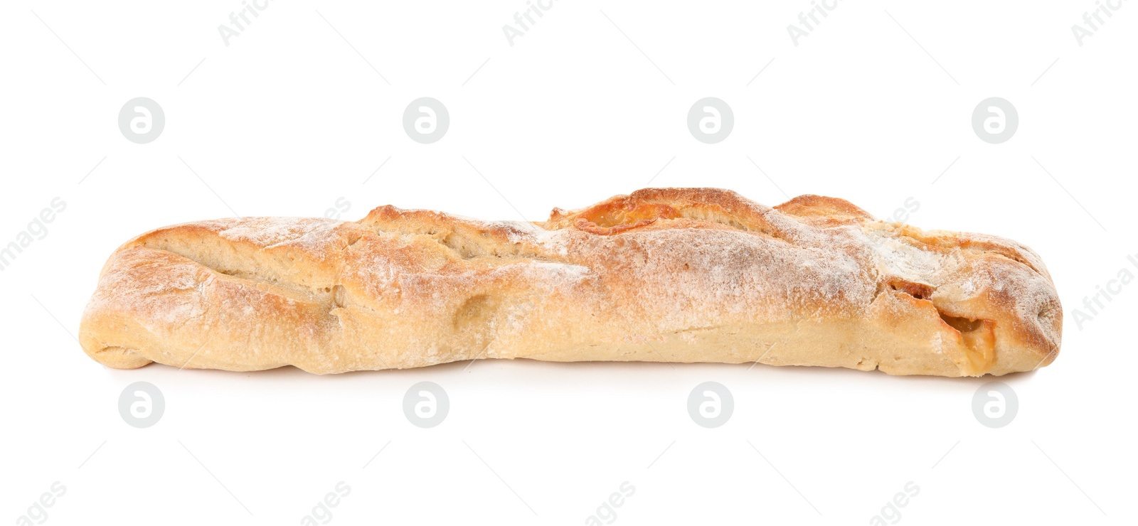 Photo of Baguette with cheese isolated on white. Fresh bread