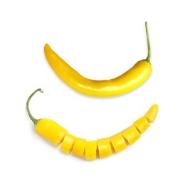 Image of Cut and whole ripe yellow chili peppers on white background, collage