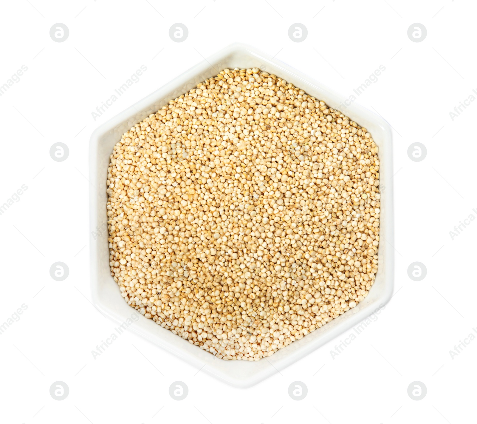 Photo of Bowl with raw quinoa on white background, top view