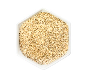 Bowl with raw quinoa on white background, top view