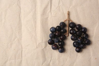 Photo of Human lungs made of plums on crumpled kraft paper, flat lay. Space for text