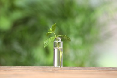 One bottle with essential oil and mint on wooden table against blurred green background