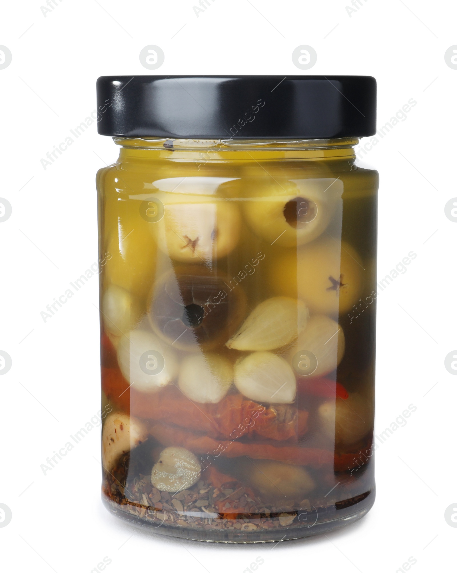 Photo of Jar with pickled vegetables on white background