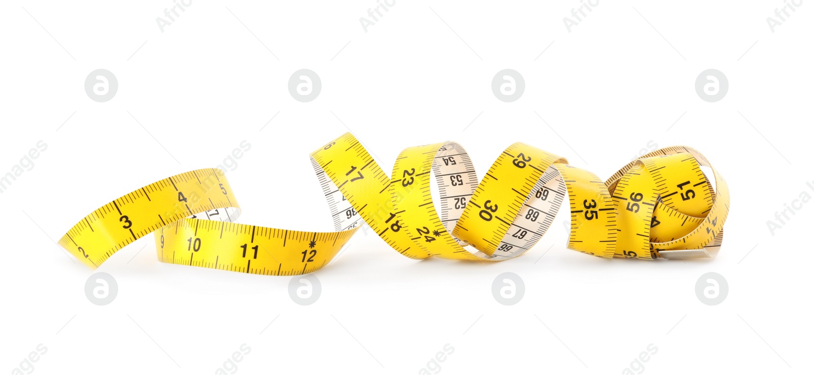 Photo of New yellow measuring tape isolated on white