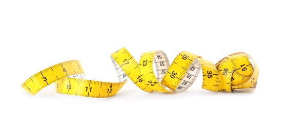 New yellow measuring tape isolated on white