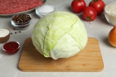 Photo of Set of ingredients for preparing stuffed cabbage rolls on light table