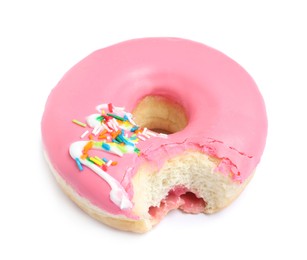 Photo of Sweet bitten glazed donut decorated with sprinkles isolated on white