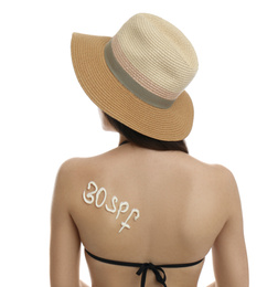 Text 30 SPF written with sun protection cream on woman's back against white background