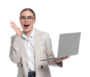 Emotional woman with laptop on white background