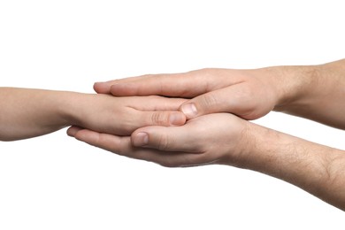 Photo of Man and woman holding hands together on white background, closeup