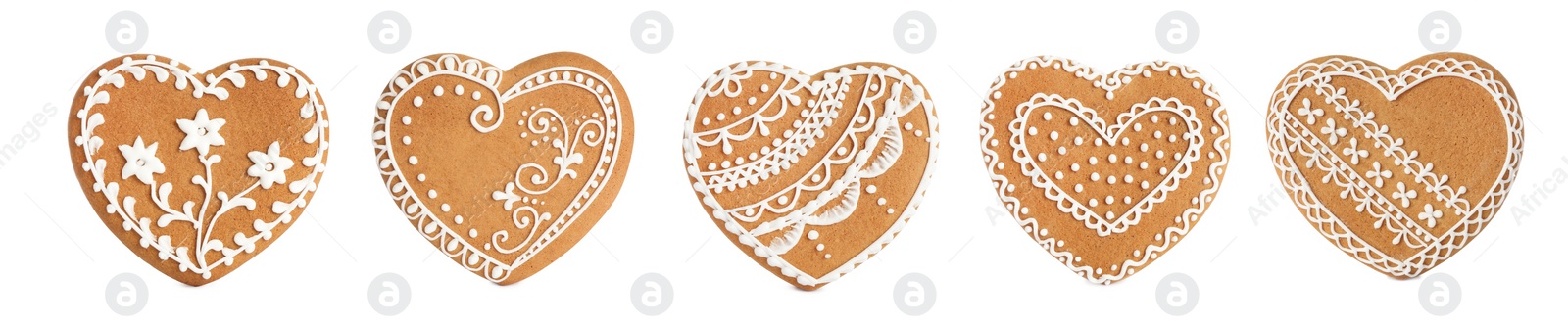 Image of Set of Christmas gingerbread heart shaped cookies on white background. Banner design