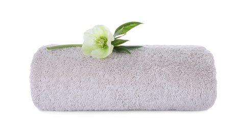 Photo of Towel and fresh flower isolated on white. Spa treatment