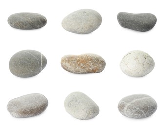 Sea pebbles. Different stones isolated on white, set